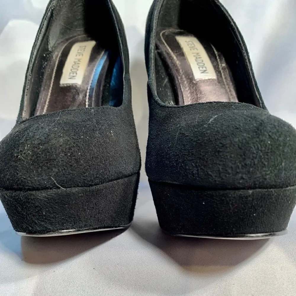 STEVE MADDEN BLACK SUEDE w 5” BLACK ACRYLIC HEEL 7
